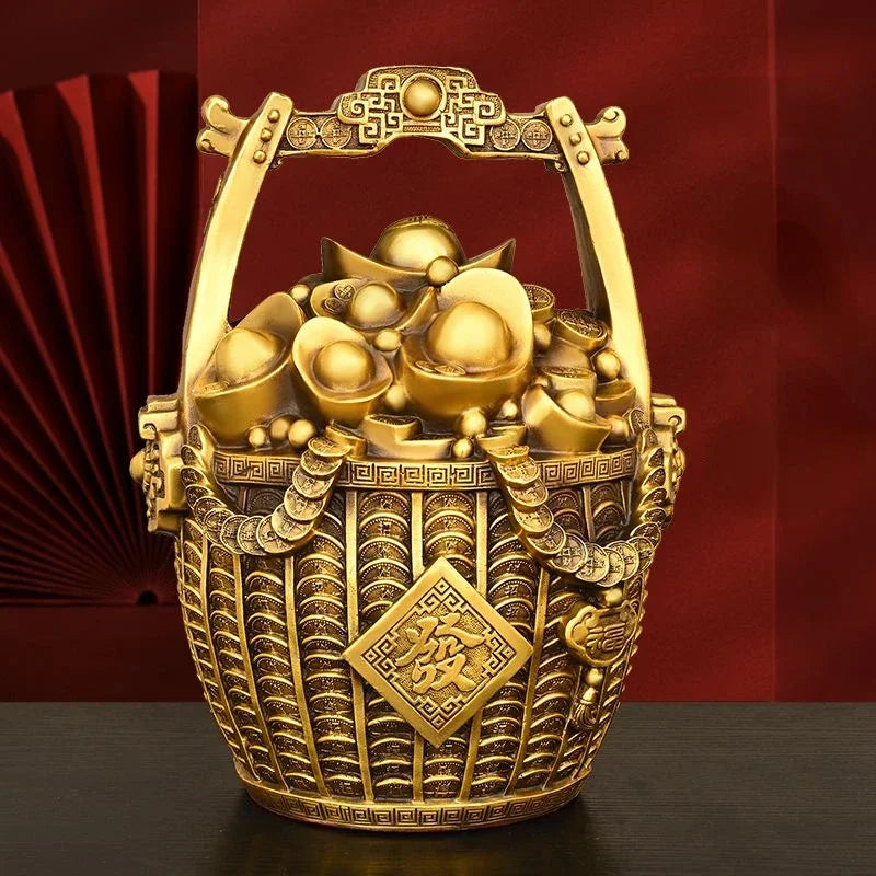 Feng Shui Inviting Wealth Pure Copper Bucket of Gold Ornaments Treasure Bowl Money Jar Yuanbao Ruyi Home Miniatures
