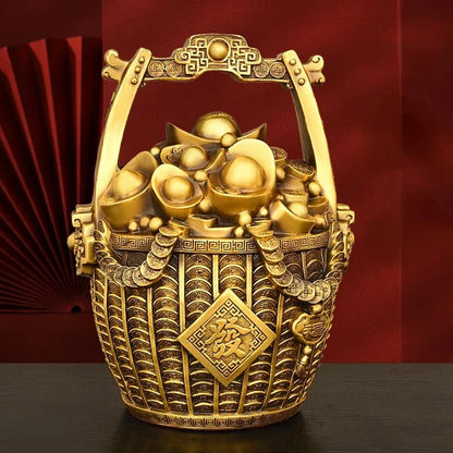 Feng Shui Inviting Wealth Pure Copper Bucket of Gold Ornaments Treasure Bowl Money Jar Yuanbao Ruyi Home Miniatures