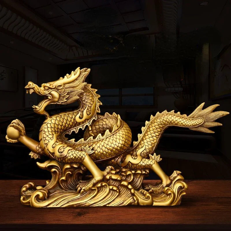 Feng Shui Lucky Copper Dragon Ornaments Wealth Figurine Ornaments Gift for Home Office Desktop Decor Crafts