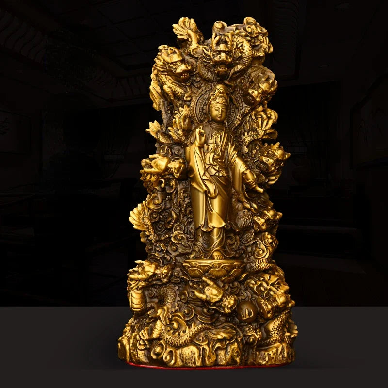 Feng Shui Nine Dragons Guanyin Ornaments Copper Auspicious Buddha Statue Praying for Blessings Home Crafts Decorations