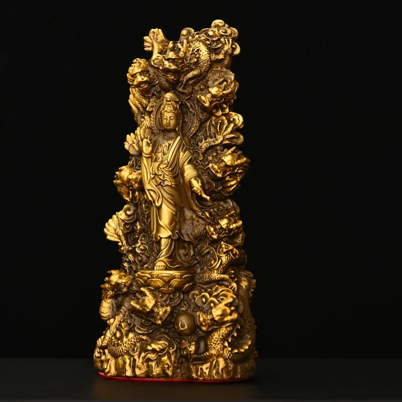 Feng Shui Nine Dragons Guanyin Ornaments Copper Auspicious Buddha Statue Praying for Blessings Home Crafts Decorations