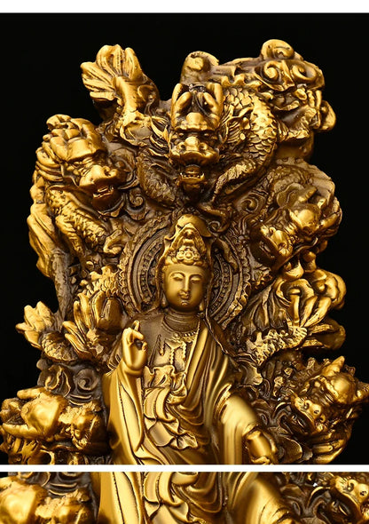 Feng Shui Nine Dragons Guanyin Ornaments Copper Auspicious Buddha Statue Praying for Blessings Home Crafts Decorations