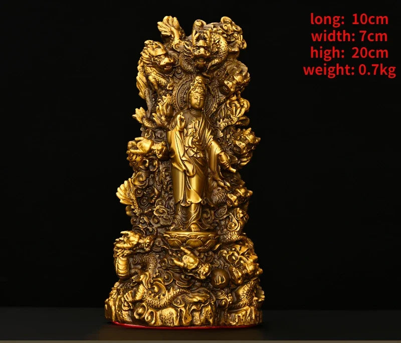 Feng Shui Nine Dragons Guanyin Ornaments Copper Auspicious Buddha Statue Praying for Blessings Home Crafts Decorations