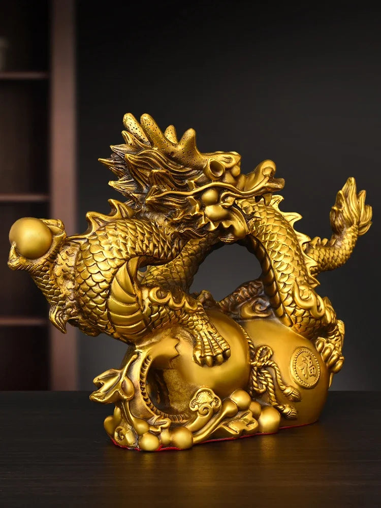 Feng Shui Pure Copper Dragon Ornaments Lucky Wealth Gourd Golden Dragon Auspicious Home Shop Decoration Crafts