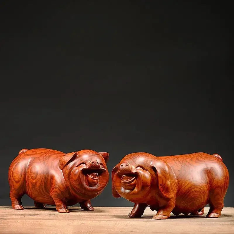 Feng Shui Wooden Crafts Carving animal Pig Figurines Home Accessories Office Desktop Ornament