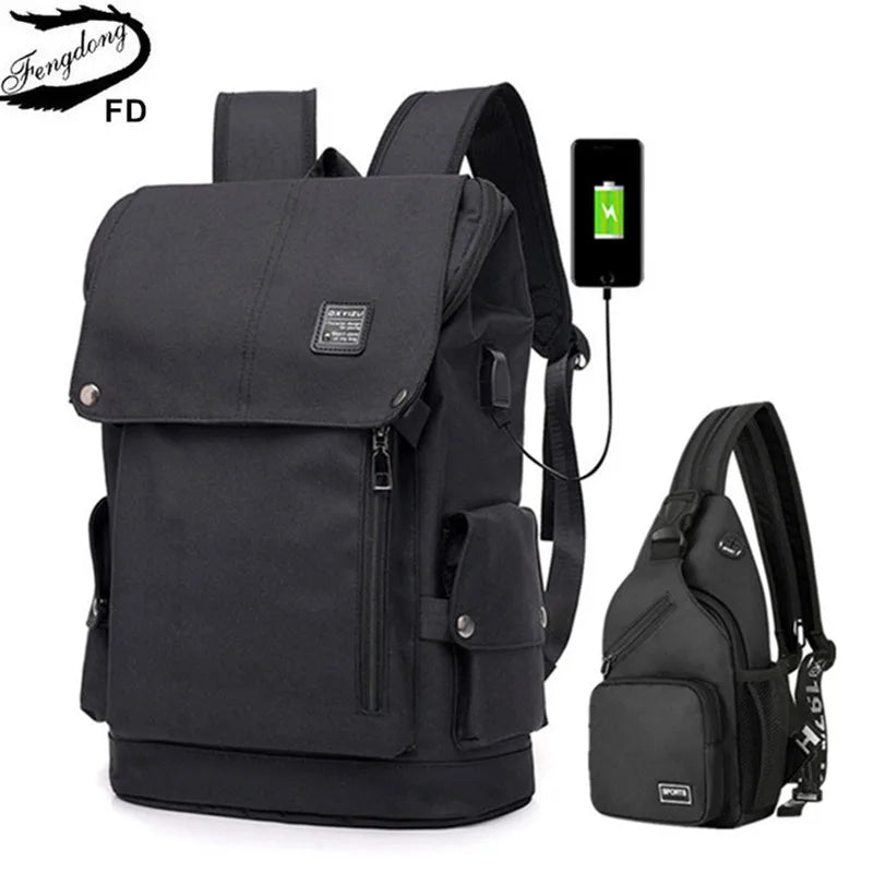 Fengdong 2pcs/set big waterproof school backpack boys school bags high school backpack student large capacity backpack chest bag
