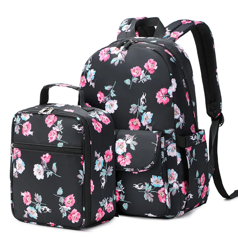 Fengdong 2pcs/set girls flower backpack school bag girl bookbag thermal lunch bag pink and grey floral school backpack for girls