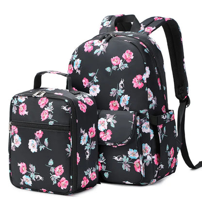 Fengdong 2pcs/set girls flower backpack school bag girl bookbag thermal lunch bag pink and grey floral school backpack for girls
