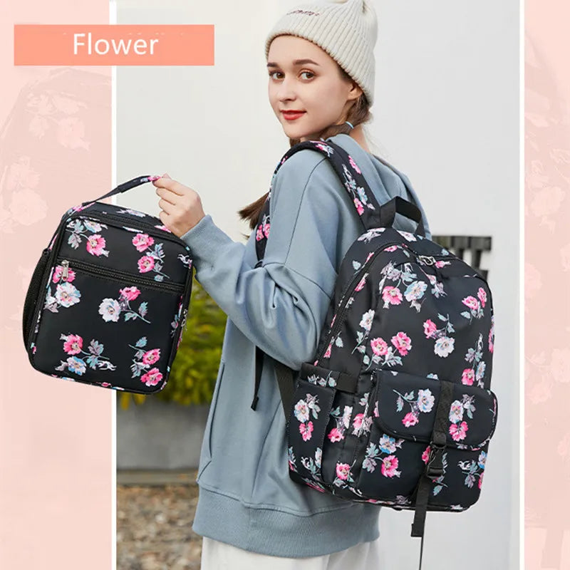 Fengdong 2pcs/set girls flower backpack school bag girl bookbag thermal lunch bag pink and grey floral school backpack for girls