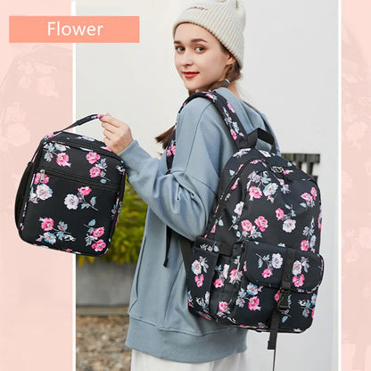 Fengdong 2pcs/set girls flower backpack school bag girl bookbag thermal lunch bag pink and grey floral school backpack for girls