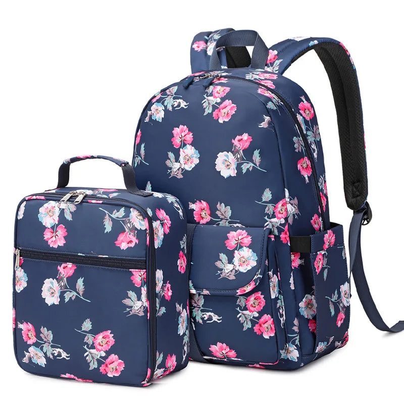 Fengdong 2pcs/set girls flower backpack school bag girl bookbag thermal lunch bag pink and grey floral school backpack for girls