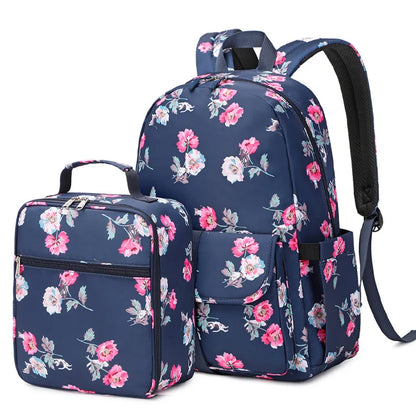 Fengdong 2pcs/set girls flower backpack school bag girl bookbag thermal lunch bag pink and grey floral school backpack for girls
