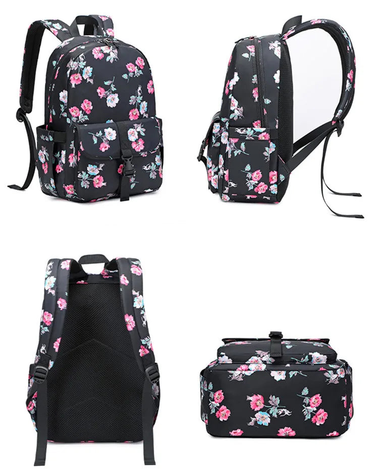 Fengdong 2pcs/set girls flower backpack school bag girl bookbag thermal lunch bag pink and grey floral school backpack for girls