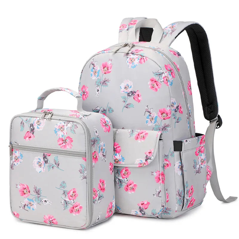 Fengdong 2pcs/set girls flower backpack school bag girl bookbag thermal lunch bag pink and grey floral school backpack for girls