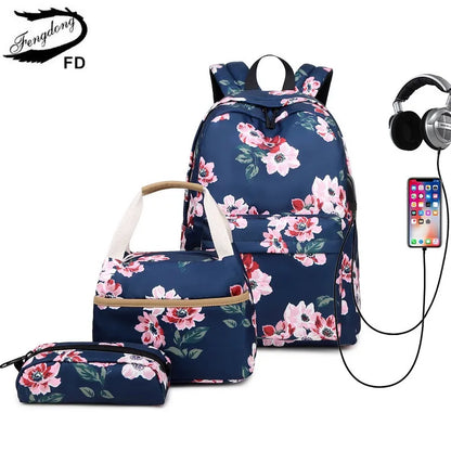 Fengdong 3pcs/set children school bags for girls black flower backpack USB schoolbag studen floral lunch food bag pencil bag set