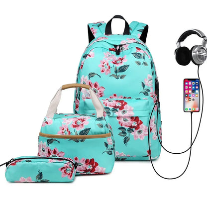 Fengdong 3pcs/set children school bags for girls black flower backpack USB schoolbag studen floral lunch food bag pencil bag set