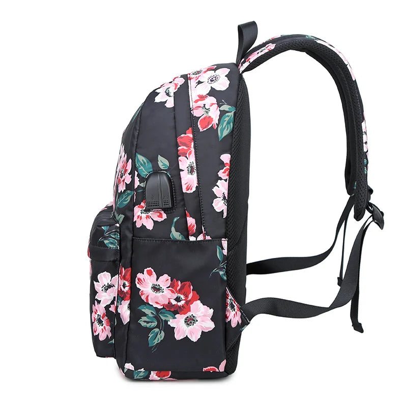 Fengdong 3pcs/set children school bags for girls black flower backpack USB schoolbag studen floral lunch food bag pencil bag set