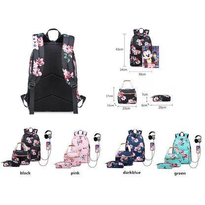 Fengdong 3pcs/set children school bags for girls black flower backpack USB schoolbag studen floral lunch food bag pencil bag set