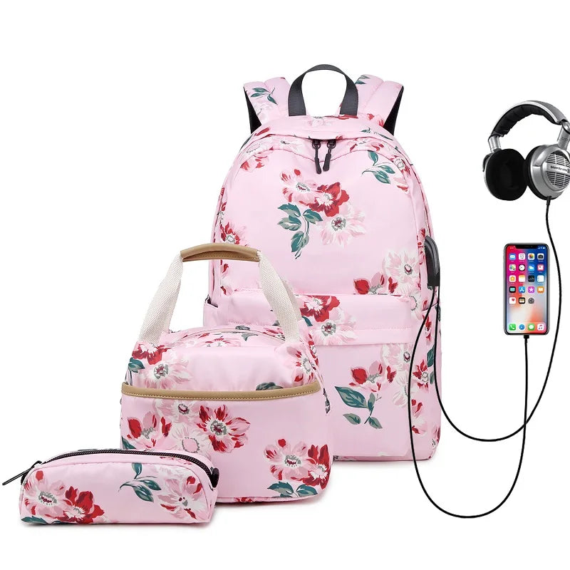 Fengdong 3pcs/set children school bags for girls black flower backpack USB schoolbag studen floral lunch food bag pencil bag set