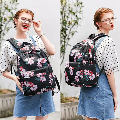 Fengdong 3pcs/set children school bags for girls black flower backpack USB schoolbag studen floral lunch food bag pencil bag set
