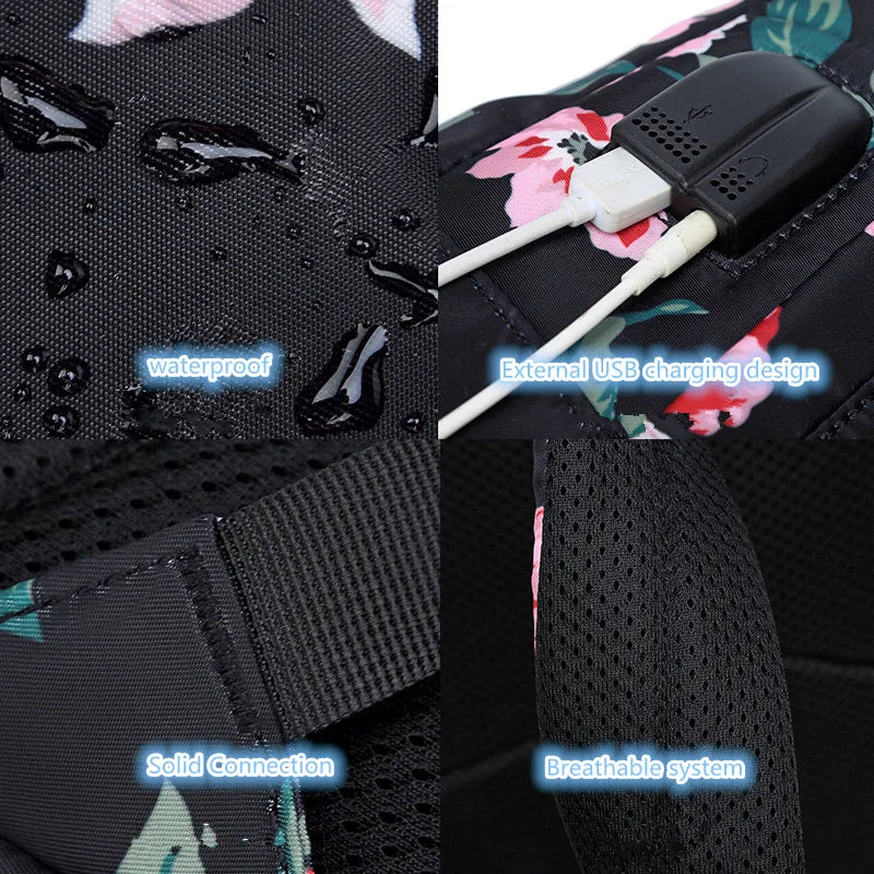 Fengdong 3pcs/set children school bags for girls black flower backpack USB schoolbag studen floral lunch food bag pencil bag set