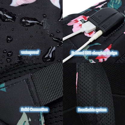 Fengdong 3pcs/set children school bags for girls black flower backpack USB schoolbag studen floral lunch food bag pencil bag set