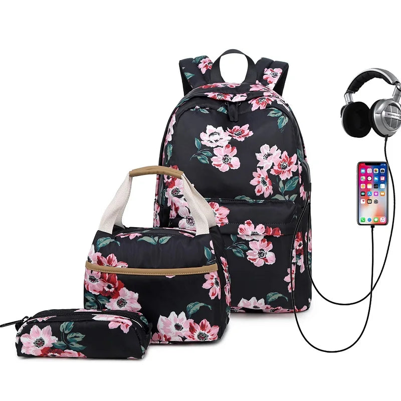 Fengdong 3pcs/set children school bags for girls black flower backpack USB schoolbag studen floral lunch food bag pencil bag set