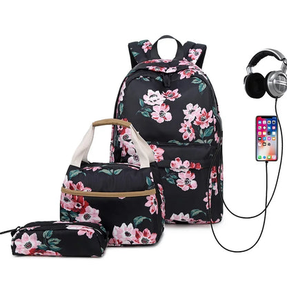Fengdong 3pcs/set children school bags for girls black flower backpack USB schoolbag studen floral lunch food bag pencil bag set