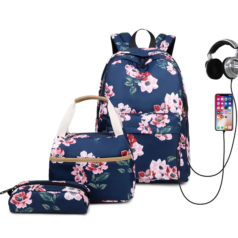 Fengdong 3pcs/set children school bags for girls black flower backpack USB schoolbag studen floral lunch food bag pencil bag set