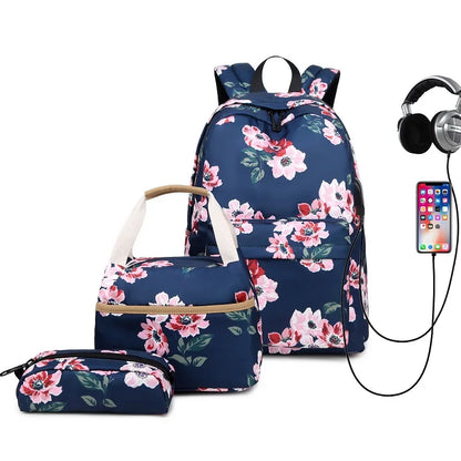 Fengdong 3pcs/set children school bags for girls black flower backpack USB schoolbag studen floral lunch food bag pencil bag set