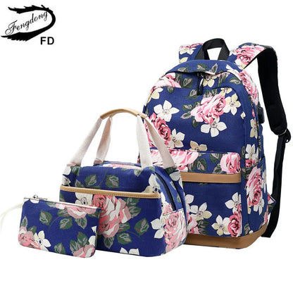 Fengdong 3pcs/set chinese style flower canvas school backpack children floral book bag set school bags for teenage girls bagpack