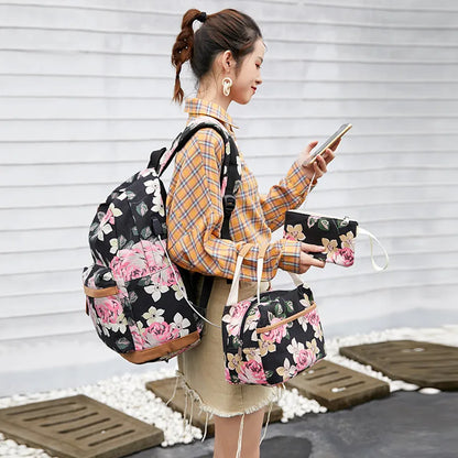 Fengdong 3pcs/set chinese style flower canvas school backpack children floral book bag set school bags for teenage girls bagpack