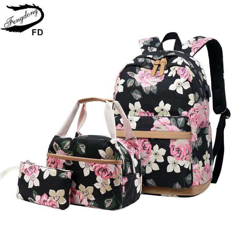 Fengdong 3pcs/set chinese style flower canvas school backpack children floral book bag set school bags for teenage girls bagpack