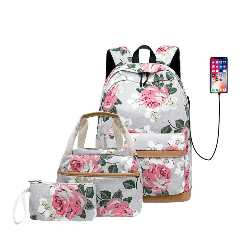 Fengdong 3pcs/set chinese style flower canvas school backpack children floral book bag set school bags for teenage girls bagpack