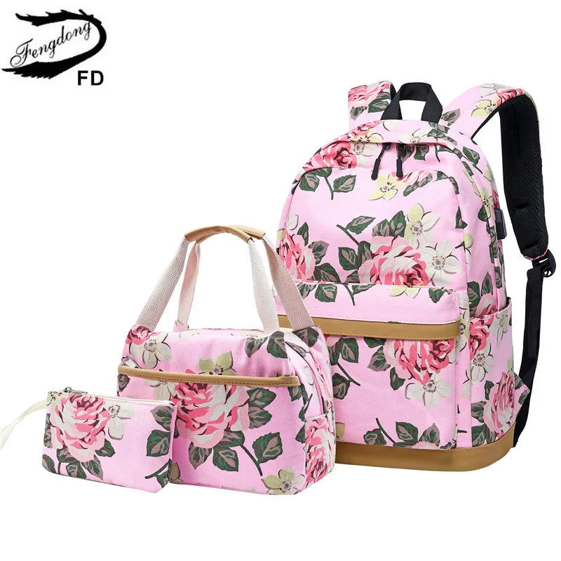Fengdong 3pcs/set chinese style flower canvas school backpack children floral book bag set school bags for teenage girls bagpack