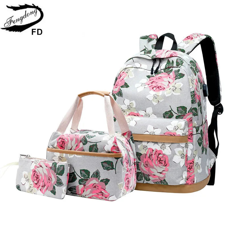Fengdong 3pcs/set chinese style flower canvas school backpack children floral book bag set school bags for teenage girls bagpack