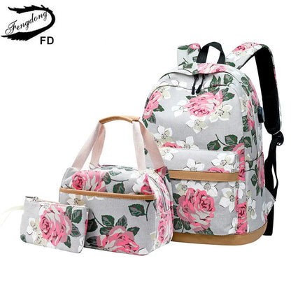 Fengdong 3pcs/set chinese style flower canvas school backpack children floral book bag set school bags for teenage girls bagpack