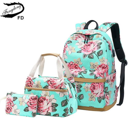 Fengdong 3pcs/set chinese style flower canvas school backpack children floral book bag set school bags for teenage girls bagpack