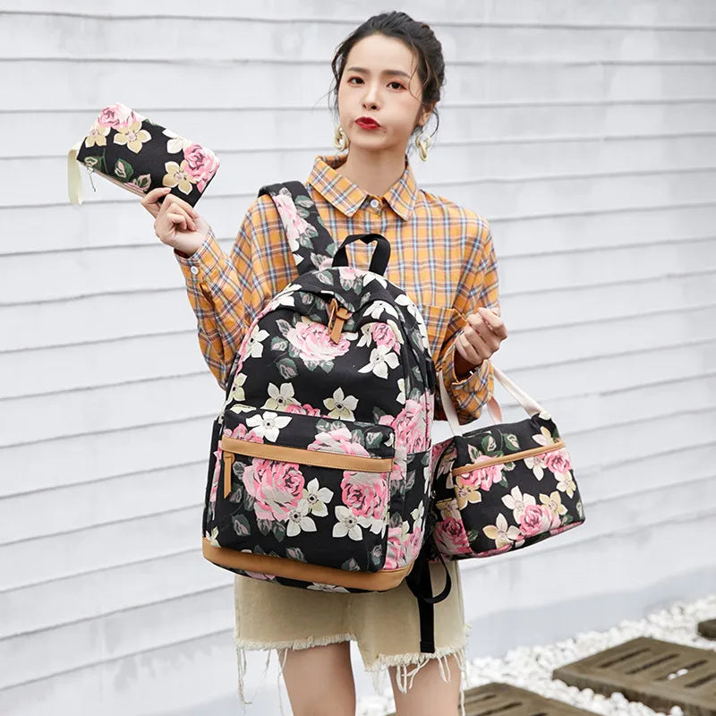 Fengdong 3pcs/set chinese style flower canvas school backpack children floral book bag set school bags for teenage girls bagpack