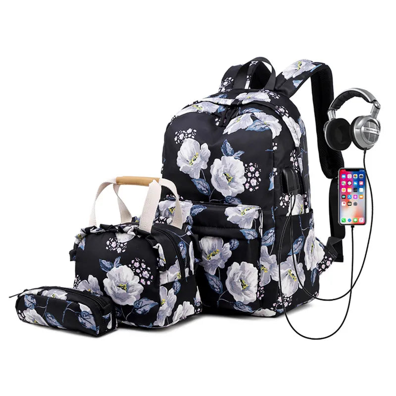 Fengdong 3pcs/set floral school backpack for girls cute flower handbag set student pencil bag children school bags kids backpack