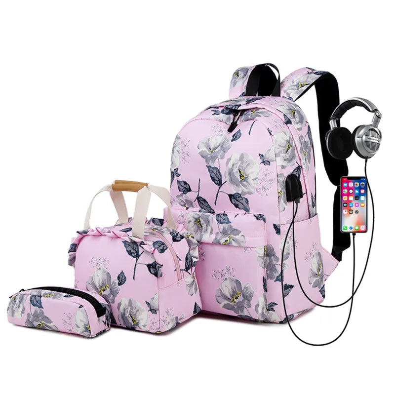 Fengdong 3pcs/set floral school backpack for girls cute flower handbag set student pencil bag children school bags kids backpack