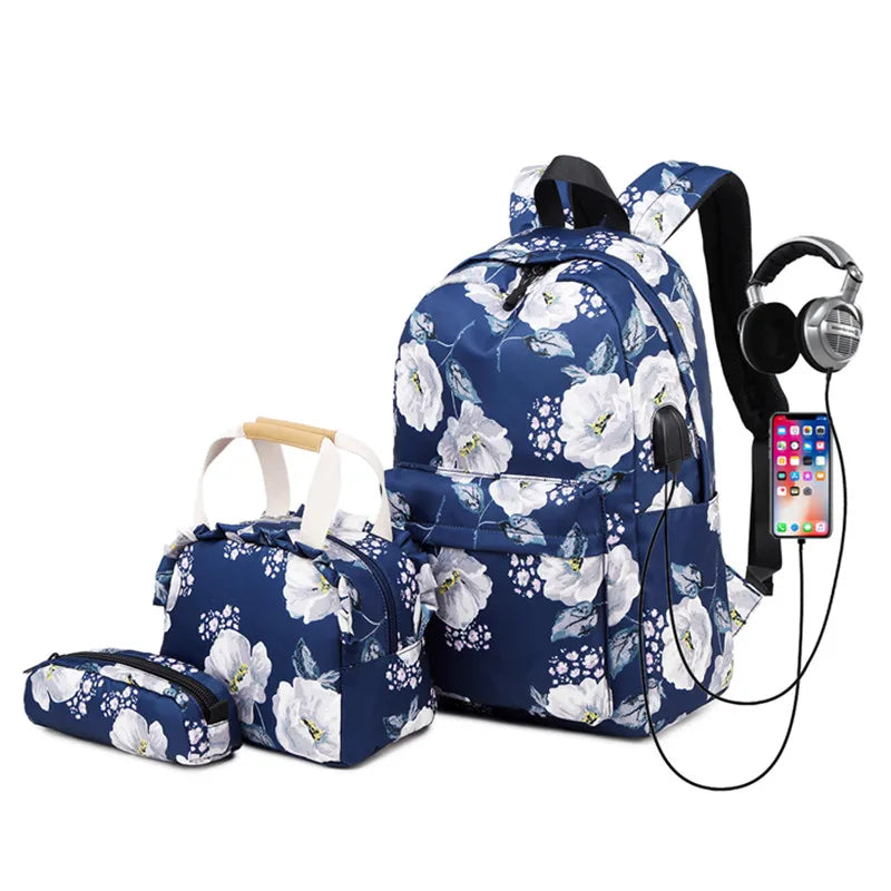Fengdong 3pcs/set floral school backpack for girls cute flower handbag set student pencil bag children school bags kids backpack