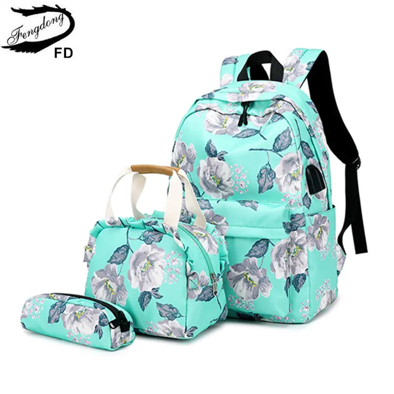 Fengdong 3pcs/set flower school bags for girls green floral food bag set children stationery pen pencil bag kids school backpack