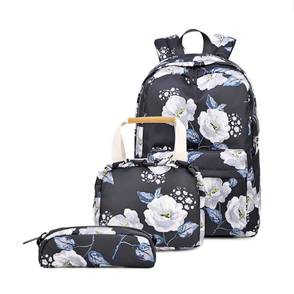 Fengdong 3pcs/set flower school bags for girls green floral food bag set children stationery pen pencil bag kids school backpack