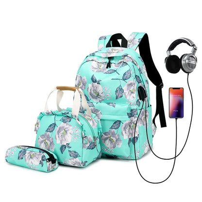 Fengdong 3pcs/set flower school bags for girls green floral food bag set children stationery pen pencil bag kids school backpack