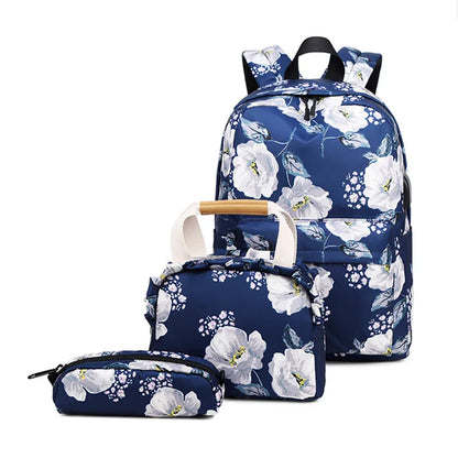 Fengdong 3pcs/set flower school bags for girls green floral food bag set children stationery pen pencil bag kids school backpack