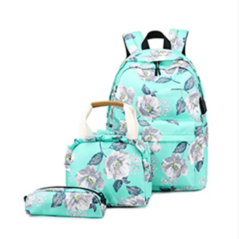 Fengdong 3pcs/set flower school bags for girls green floral food bag set children stationery pen pencil bag kids school backpack
