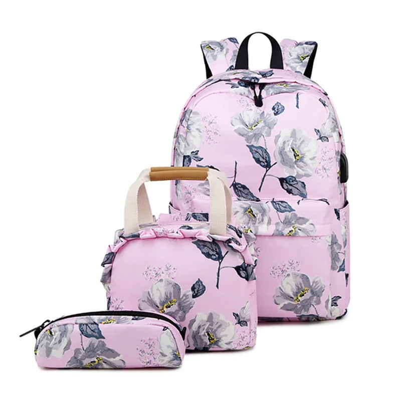Fengdong 3pcs/set flower school bags for girls green floral food bag set children stationery pen pencil bag kids school backpack