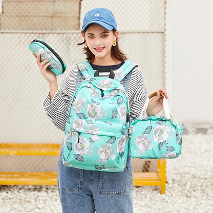 Fengdong 3pcs/set flower school bags for girls green floral food bag set children stationery pen pencil bag kids school backpack