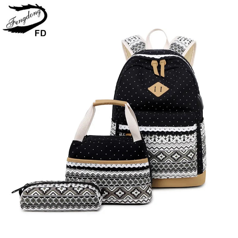 Fengdong 3pcs/set kids ethnic dots canvas backpack school bags for teenage girls pencil book bag set student backpack lunch bag